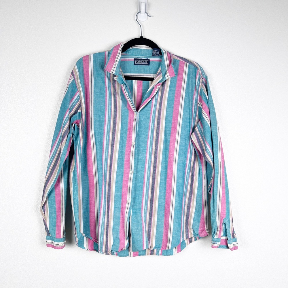 Lands End Womens 16 Multi Color Striped Cotton Linen Blouse Button Up Shirt